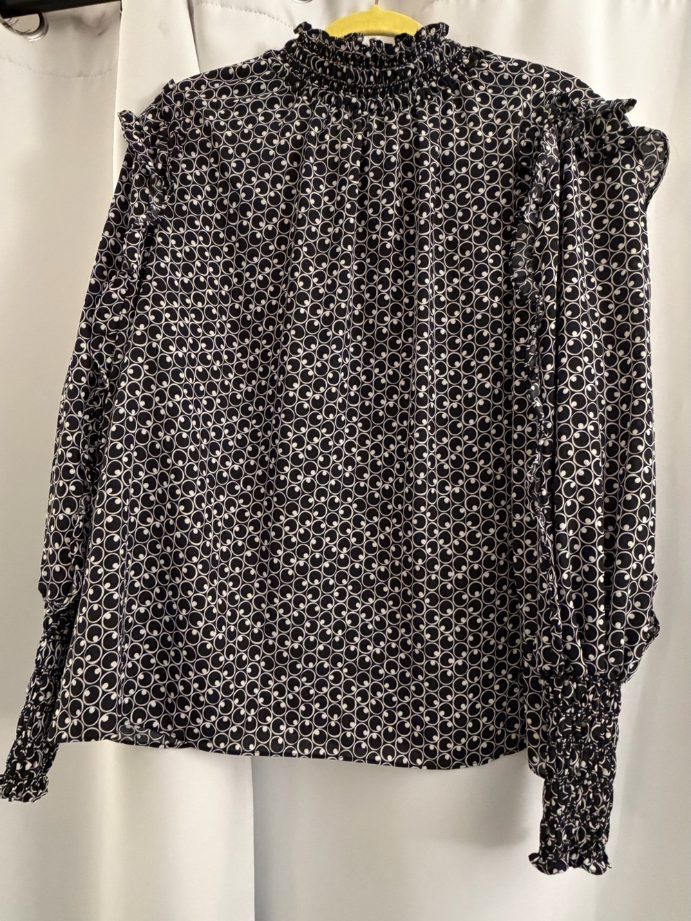 Max Studio Black and White Ruffled Neck Geometric Top